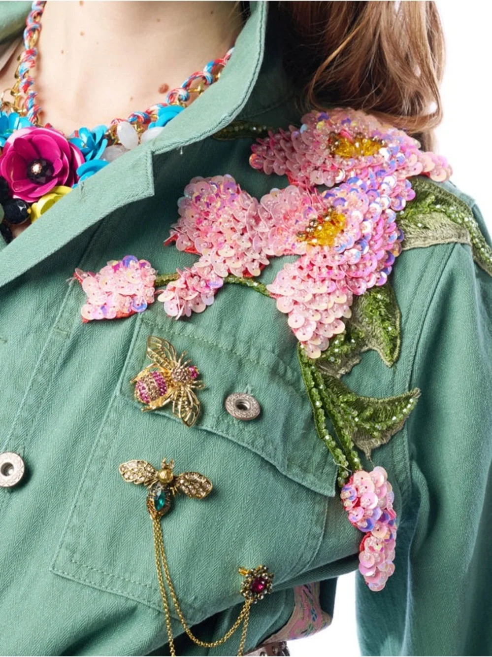 Michelle Sage Green Embellished Floral Art Jacket XL NWT